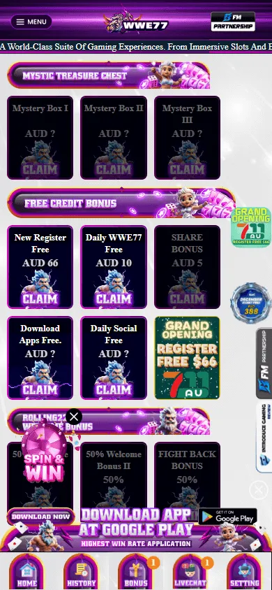 Wwe77 Casino promotions screen showing the $66 AUD no deposit offer