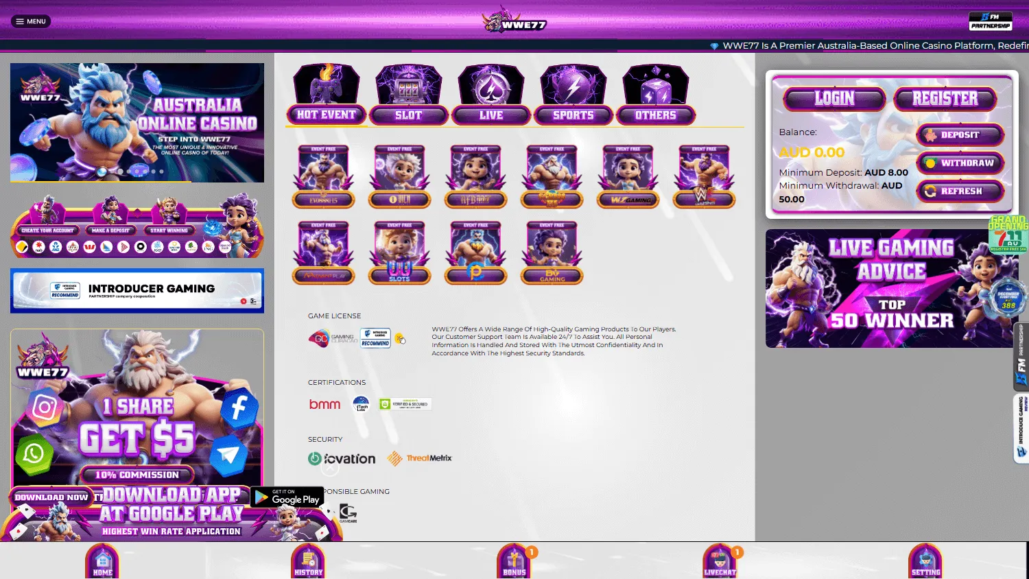 Wwe77 Casino home screen with the casino offer and available play options